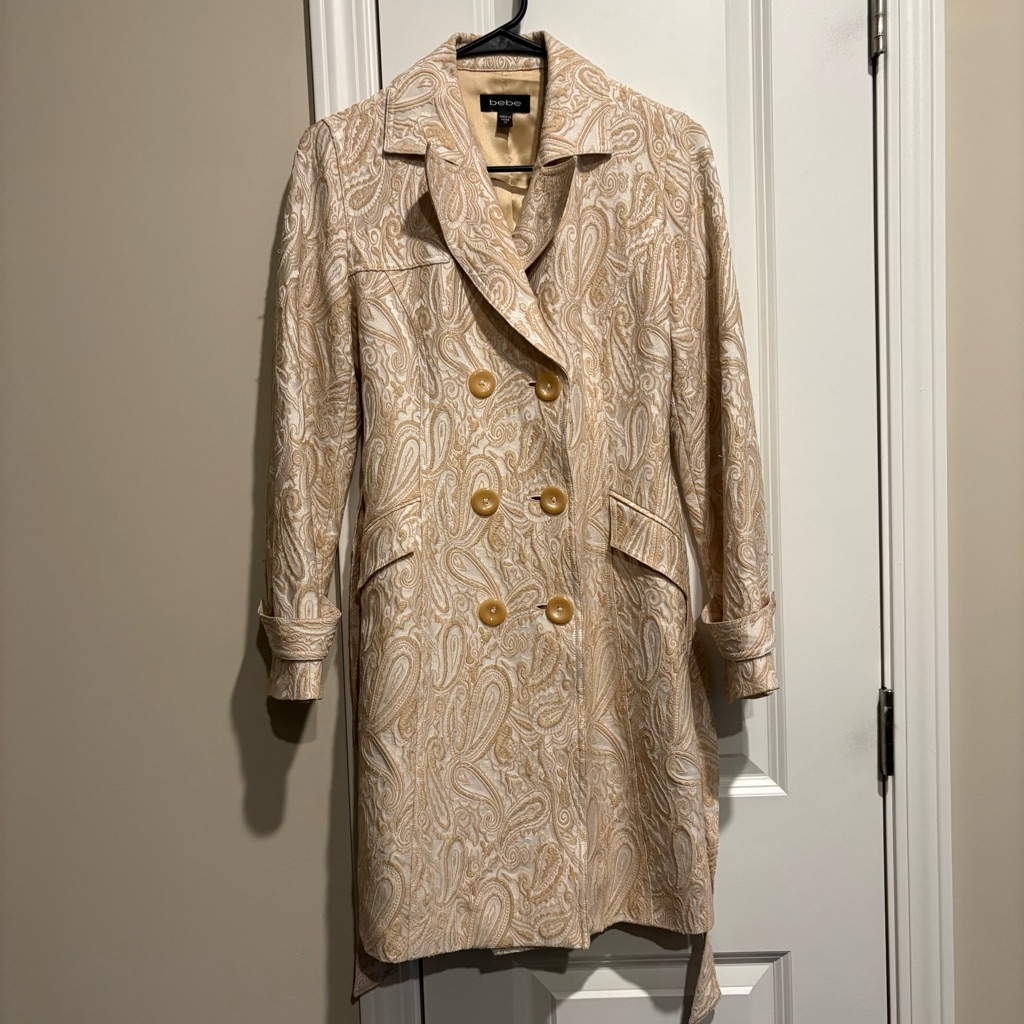 Vintage Bebe Paisley Trench Coat In Cream And Tan Size Xs